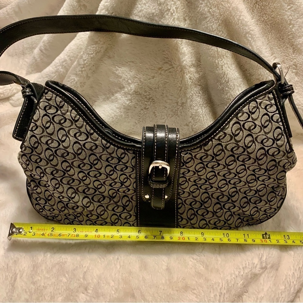 Shoulder Bag Like New Grey Canvas Black Vegan Leather Trim Circular Silver - Picture 14 of 16